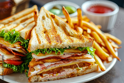Mouthwatering club sandwich and French fries