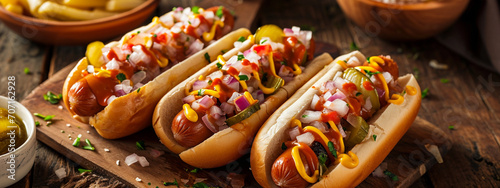 juicy fresh hot dogs on the table with vegetables. photo