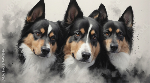 Close-up of the faces of three dogs with brown eyebrows. dog portrait. illustration in watercolor style. Generative Ai 