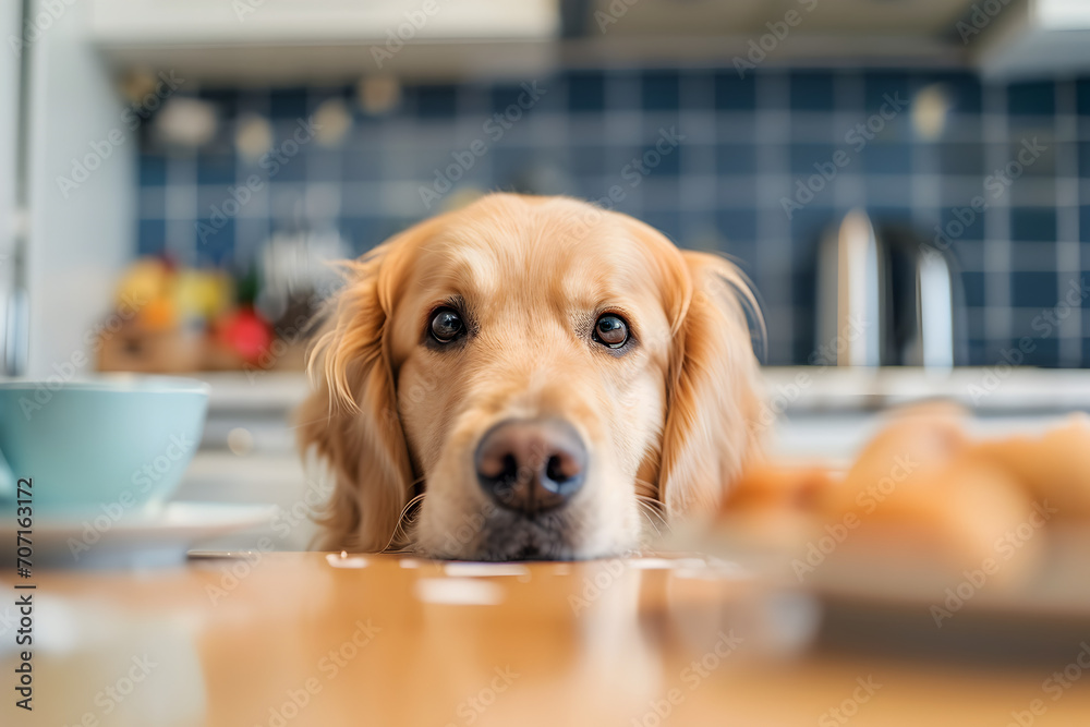 Golden Retriever in Kitchen Looking at Food 
