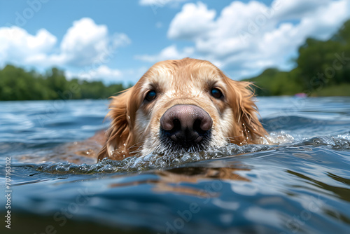 Playful Golden Retriever Swimming in a Blue Sky Lake