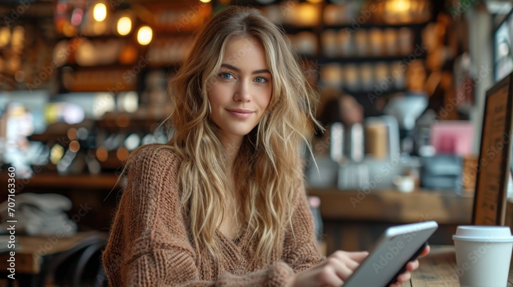 Young female entrepreneur working in a coffee shop, depicting modern remote work and business flexibility. Young female entrepreneur working in a coffee shop, depicting modern remote work and business flexibility.