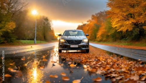 Closeup of a car with leaves stuck on wheels on a wet road in the autumn  