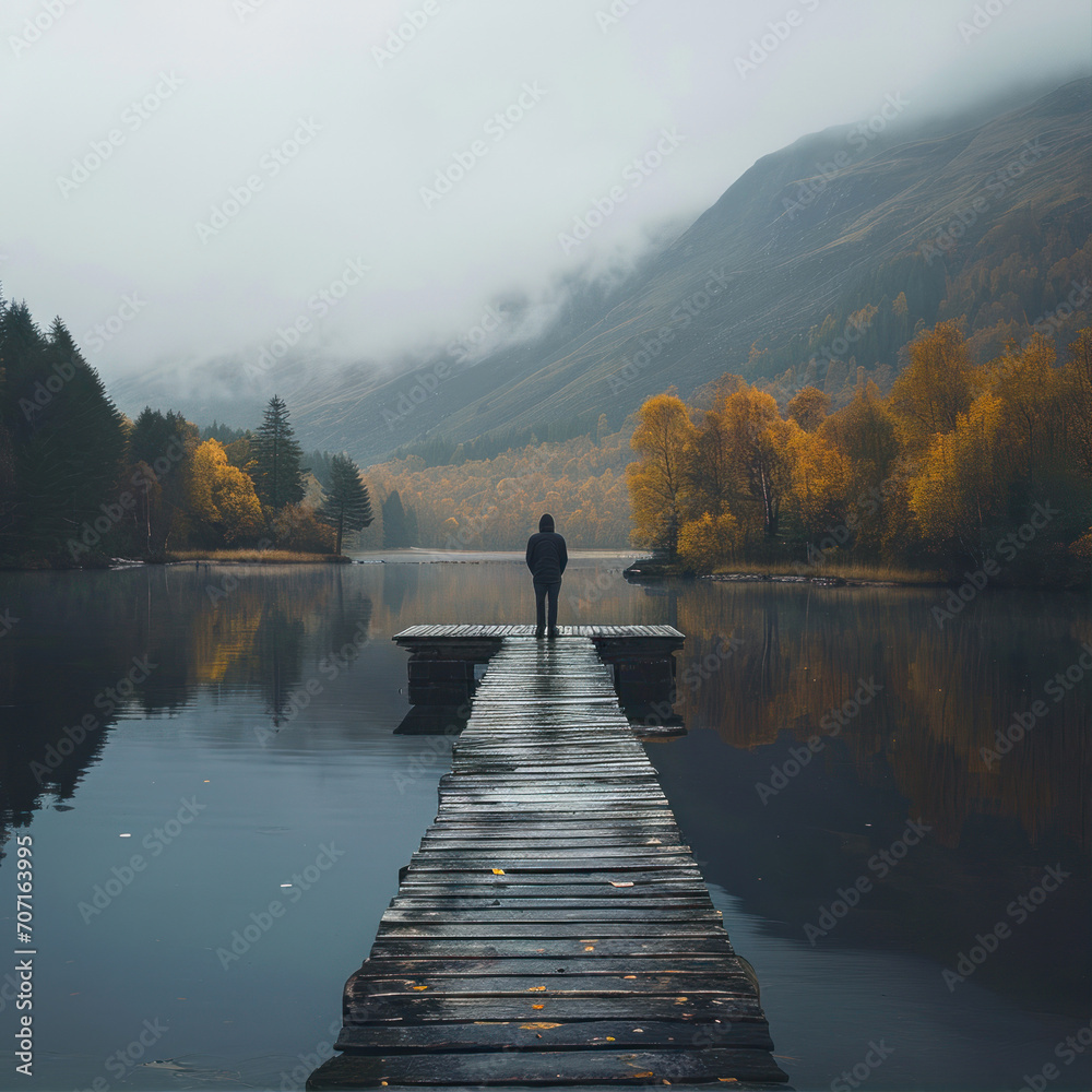Lonely man standing on a wooden pier on a lake in autumn