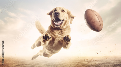 Dog jumping for rugby ball outdoors