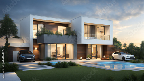 3d house model rendering on white background, 3D illustration modern cozy house with pool and parking house