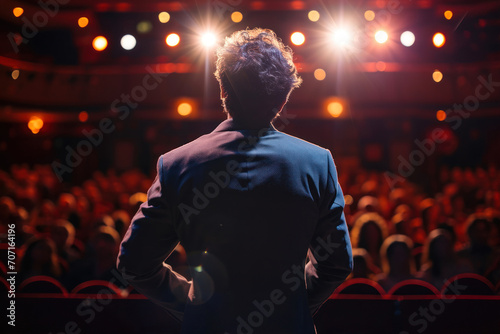 Back view of a man standing in front of a large auditorium