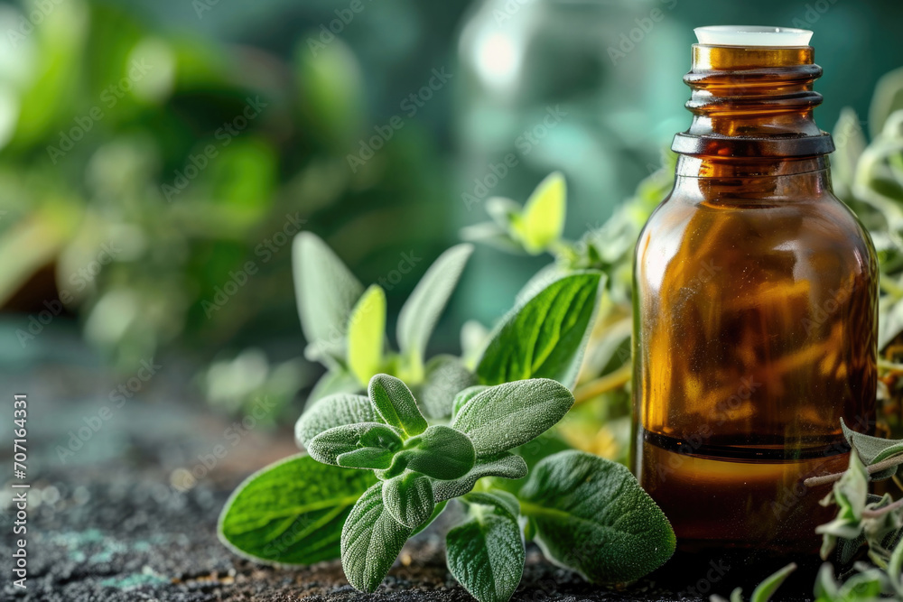 Essential Oil Bottle With Herbs In Focus Essential Oil Bottle With Herbs In Focus