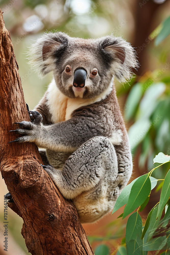Fototapeta premium A cute koala is sitting on a tree branch
