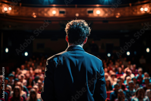 Businessman standing in front of the audience at the conference hall, rear view