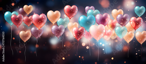 Bokeh background illustration with colored heart-shaped balloons. St. Valentine's Day romantic banner for holiday sale, design for web pages. Generative AI. photo
