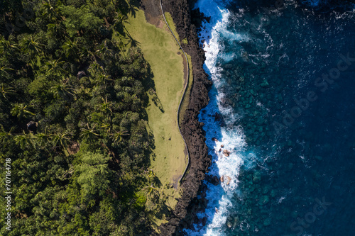 Aerial view of the black lava cliffs formed by the different flows that threw themselves into the blue of the ocean, of Cap Méchant, the sea and its palm forest, Reunion Island