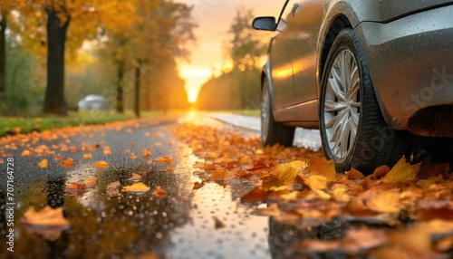 Closeup of a car with leaves stuck on wheels on a wet road in the autumn   © blackdiamond67