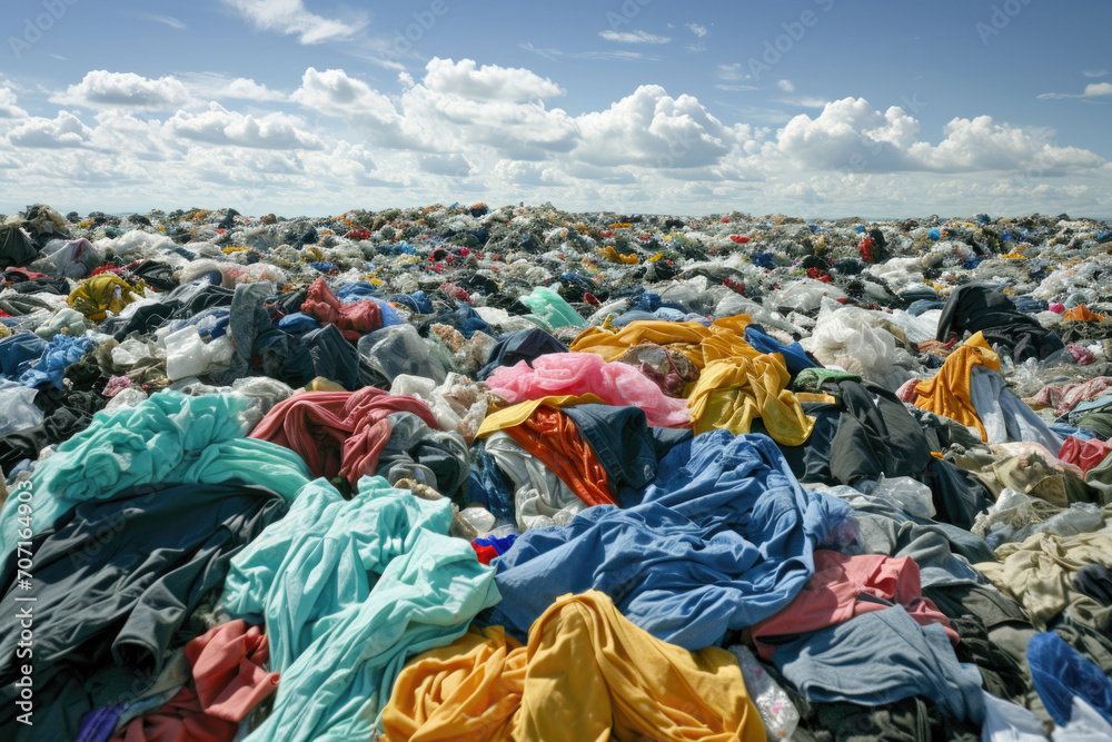 Fast Fashion Waste A Heap Of Clothes In The Landfill Foto De Stock fast-fashion-waste-a-heap-of-clothes-in-the-landfill-foto-de-stock