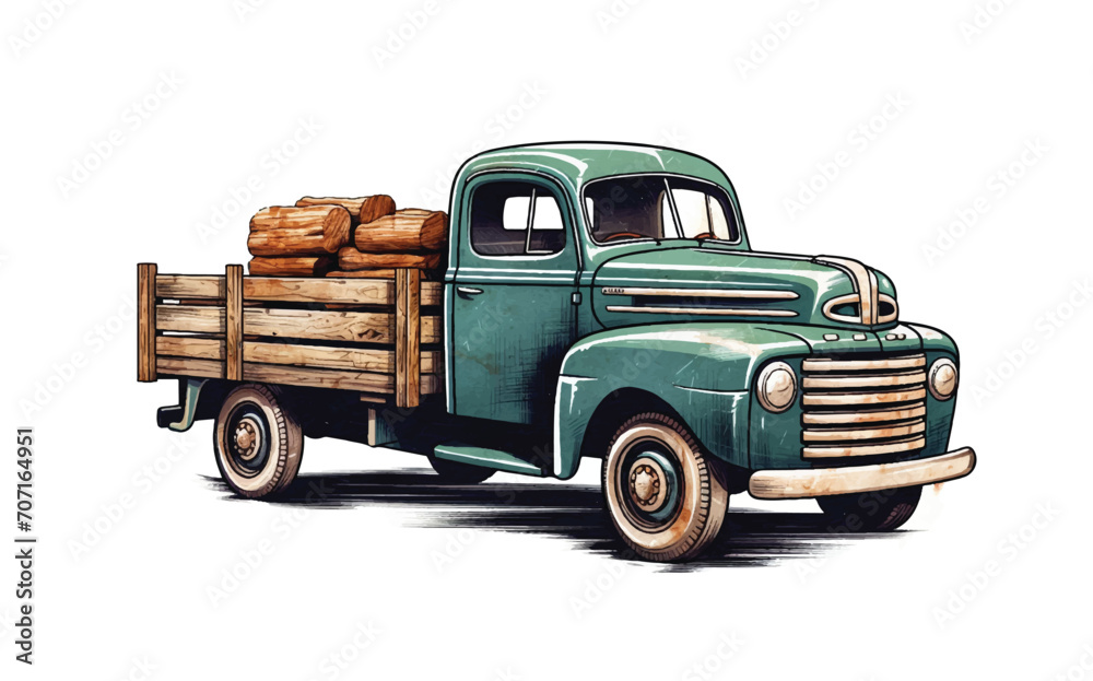 A side perspective of a retro pickup truck with a wooden barrel, depicted in a vintage-style color engraving. - obrazy, fototapety, plakaty 