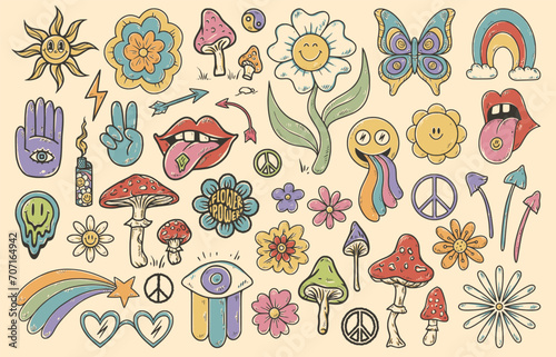 Groovy hippie 70s set. Funny cartoon flower, rainbow, peace, Love, heart, daisy, mushroom. Sticker pack in retro psychedelic cartoon style. Collection of elements for design in funky 60s, 80s style