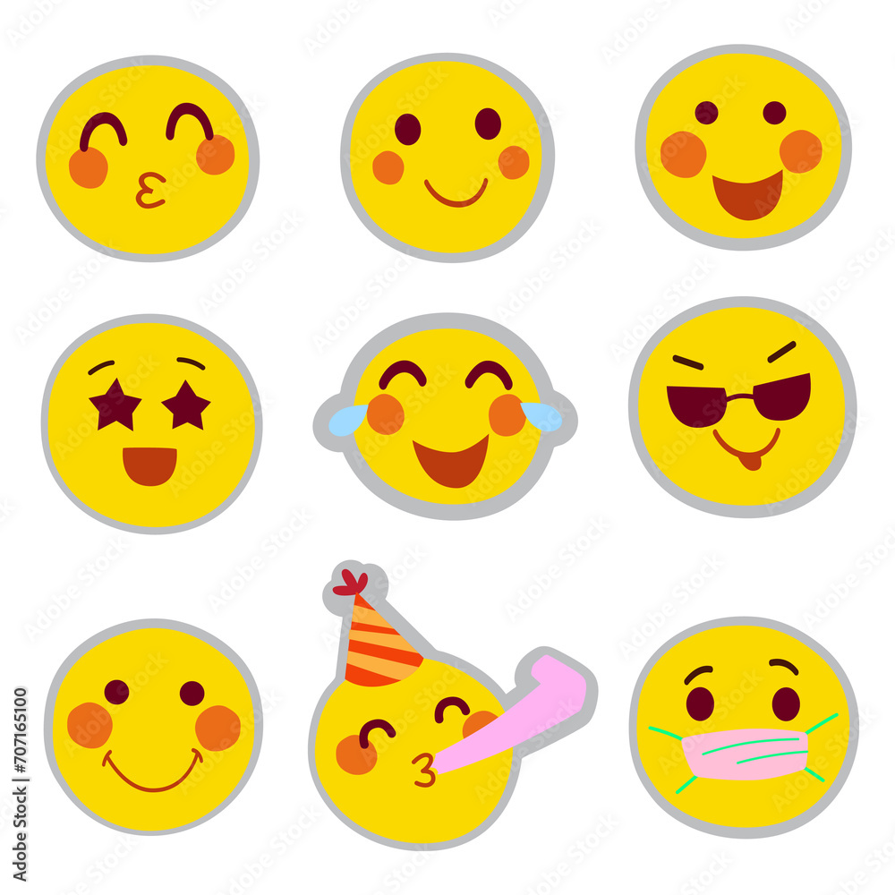 Emoticons icons set. Emoji faces collection. Emojis style. Happy happy, smile, smiley face - stock vector illustration.