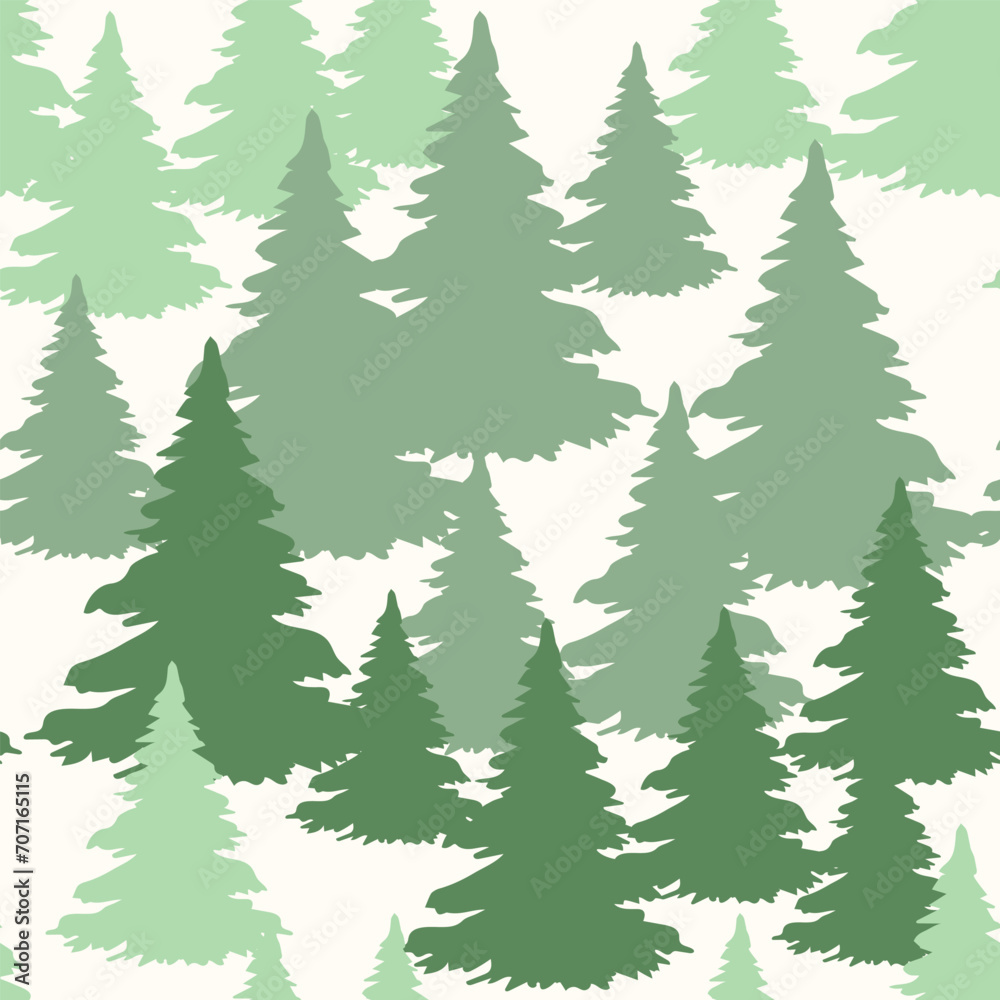 Christmas trees seamless pattern on light background. Forest green bonatical design with fir for home textiles, interiors, cotton fabric, wrapping paper. Vector illustration.