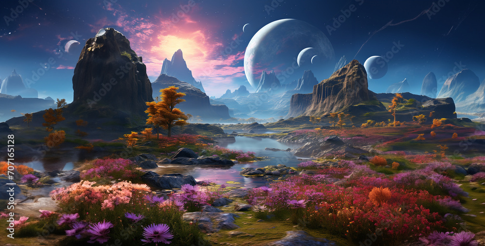 a landscape of a river on an earth like planet, night landscape with moon and stars, landscape with moon and stars