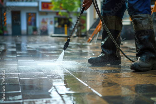 Cleaning Street Tiles With High-Pressure Washer: Maintenance In Action
