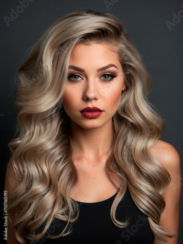 Woman with Ash Blonde Balayage Hair, Long Straight Hair, Striking Pin-Up Eyelines, High-Quality Photorealistic Image. Wearing a Black T-Shirt and Displaying a Tattoo