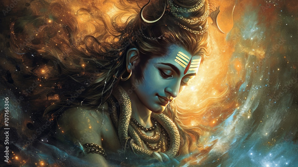 digital art of Lord Shiva face with nebula background - obrazy, fototapety, plakaty 