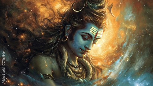 digital art of Lord Shiva face with nebula background