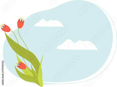 Red tulips with green leaves on blue and white background. Minimalist floral ...