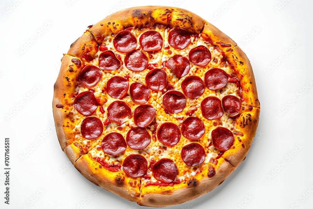 Tempting Pepperoni Pizza Delight - Closeup View of a Pepperoni Pizza with Toppings on a White Background Tempting Pepperoni Pizza Delight - Closeup View of a Pepperoni Pizza with Toppings on a White Background