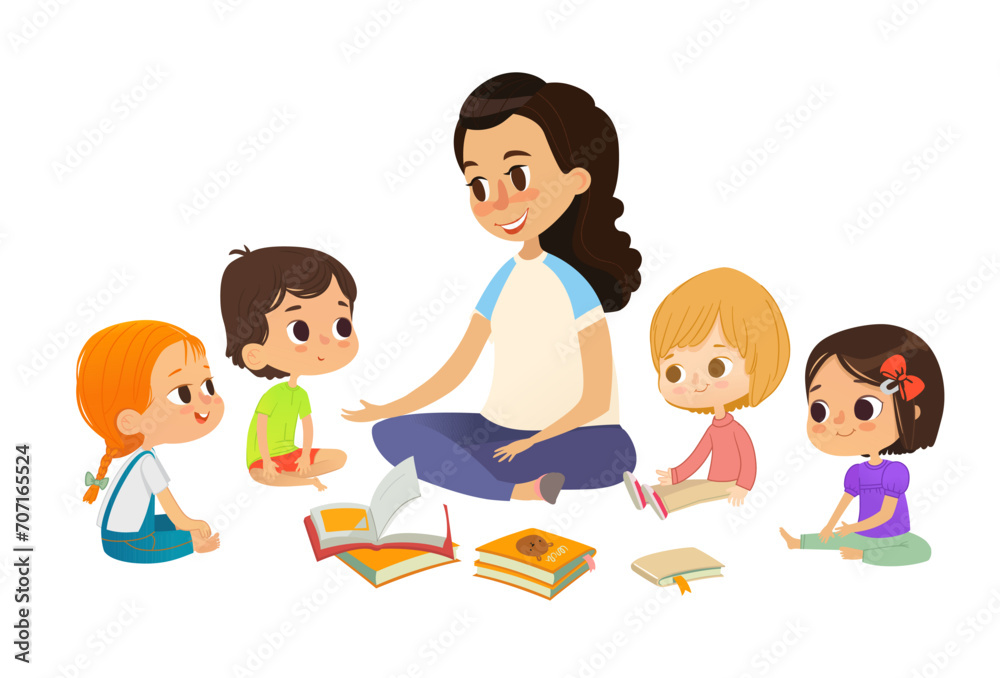 Teacher tells stories and discusses the book, the children sit on the floor in a circle and listen to her. Preschool activities and early childhood education. Vector illustration for poster, website