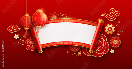Happy Chinese New Year, Chinese Ancient Scroll ribbon banner curve banner design on red background, Eps 10 vector illustration
