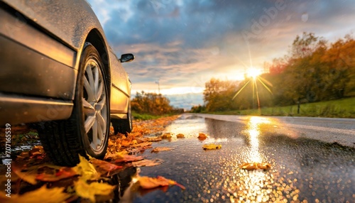 Closeup of a car with leaves stuck on wheels on a wet road in the autumn   © blackdiamond67