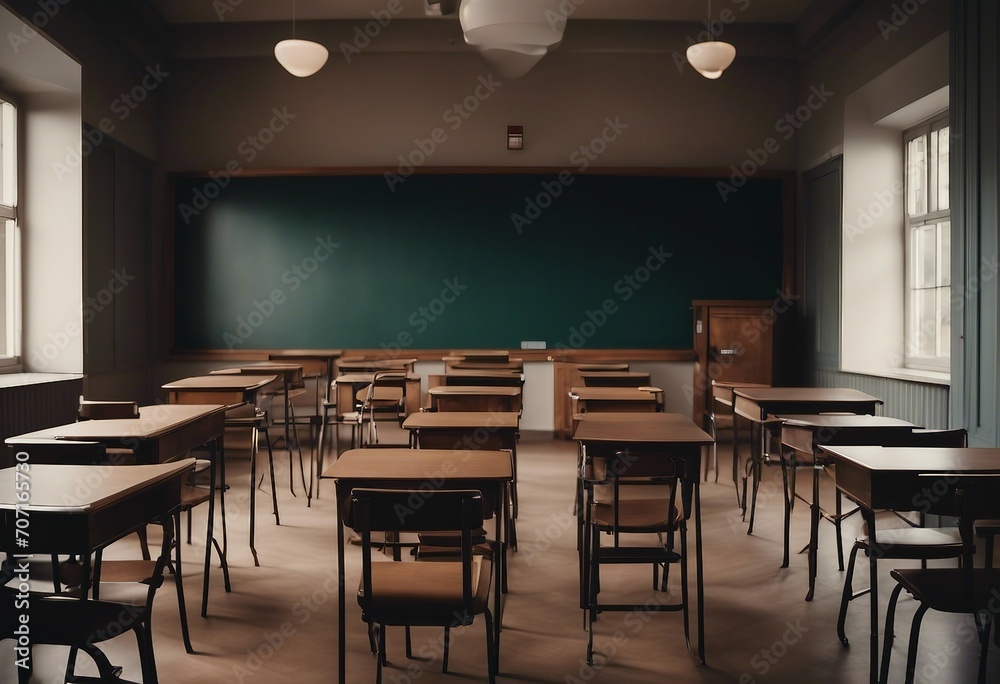 CORONAVIRUS School closed Empty classroom with high chairs and empty blackboard