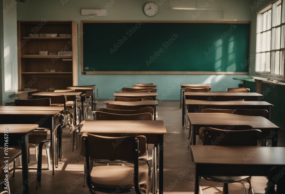 CORONAVIRUS School closed Empty classroom with high chairs and empty green blackboard chalkboard CORONAVIRUS School closed Empty classroom with high chairs and empty green blackboard chalkboard
