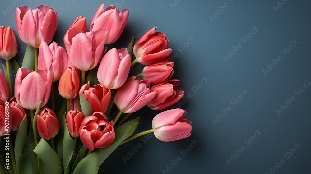 Spring background with a bouquet of tulips with copy space for text. Holiday greeting card for the 8th of March, Mother's Day, Women's Day, and Saint Valentine's Day. Generative AI. Spring background with a bouquet of tulips with copy space for text. Holiday greeting card for the 8th of March, Mother's Day, Women's Day, and Saint Valentine's Day. Generative AI.