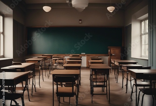 CORONAVIRUS School closed Empty classroom with high chairs and empty blackboard
