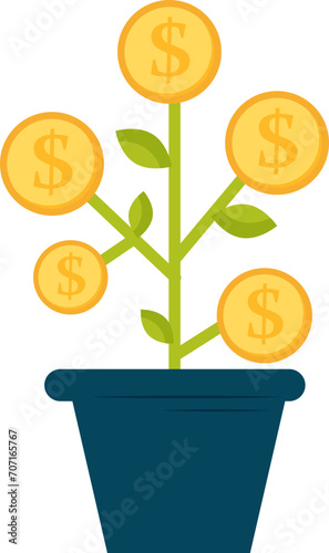 Money growth concept with dollar coins blooming on plant. Financial success and investment. Income increase, economic prosperity vector illustration.