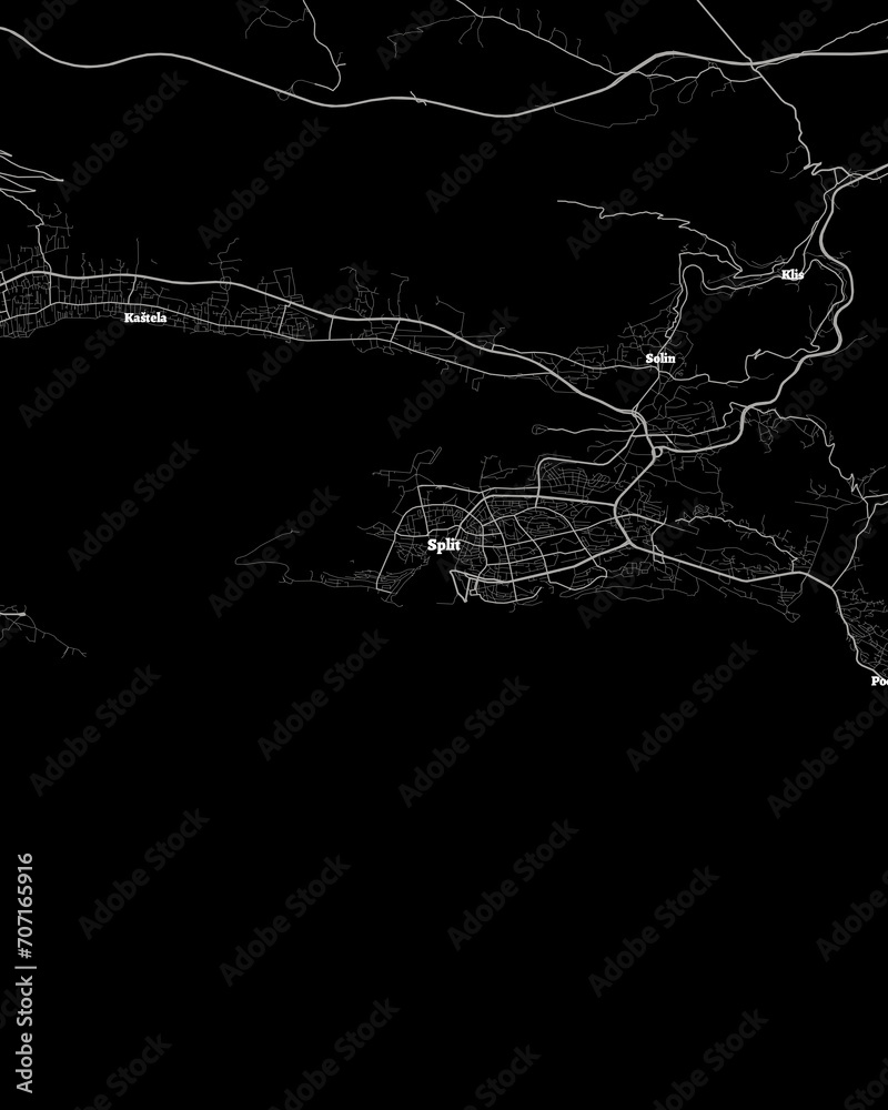 Split Croatia Map, Detailed Dark Map of Split Croatia