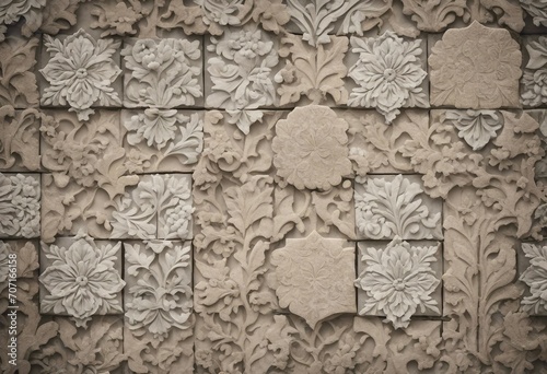 Old beige gray vintage shabby damask patchwork tiles stone concrete cement wall texture background b © ArtisticLens