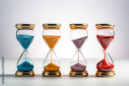 Hourglasses arranged on a white backdrop