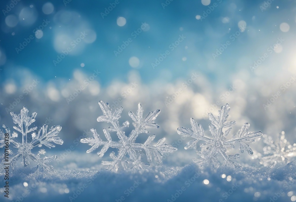 Snowflakes and ice crystals isolated on blue sky winter background panorama banner long Snowflakes and ice crystals isolated on blue sky winter background panorama banner long
