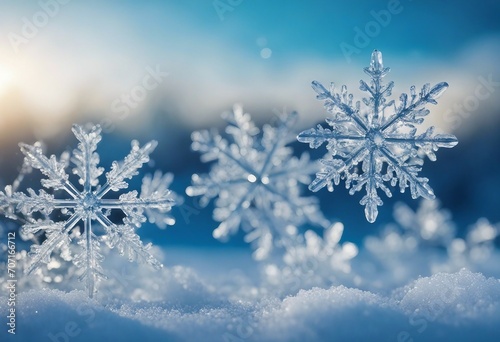 Snowflakes and ice crystals isolated on blue sky winter background panorama banner long © ArtisticLens