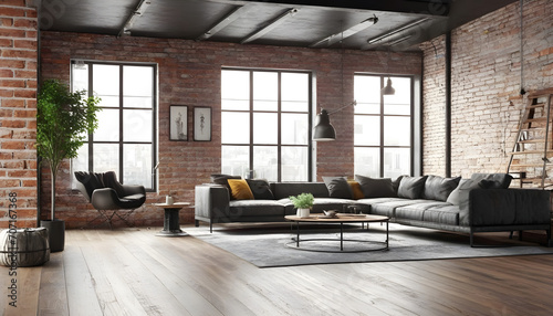 Living room interior in loft  industrial style  3d render.