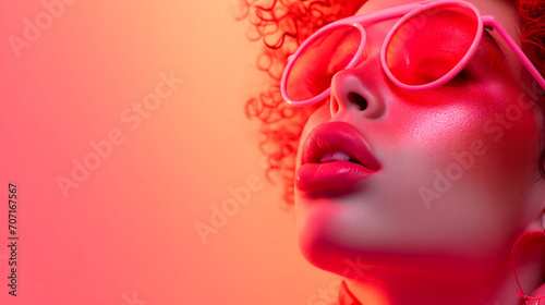 Closeup portrait of fashionable woman in red sunglasses  with glittery make-up with curly hair, retro style in pink and peachy colours, advertising banner © NeoAstra