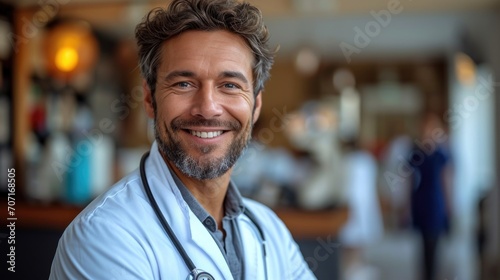 Warm and trustworthy male doctor in a medical setting, symbolizing healthcare professionalism.