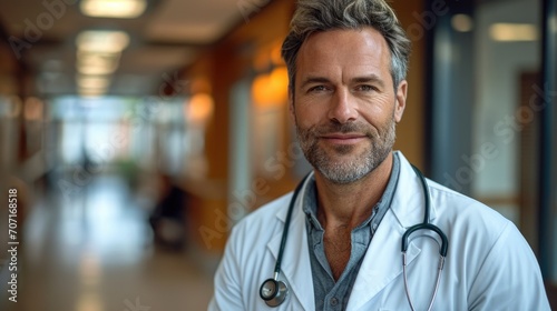 Warm and trustworthy male doctor in a medical setting, symbolizing healthcare professionalism.