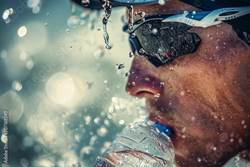 A triathlete hydrating during the running segment, capturing the exhaustion and perseverance required in the sport.