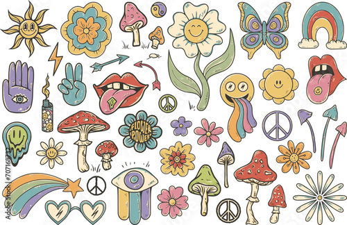 Groovy hippie 70s set. Funny cartoon flower, rainbow, peace, Love, heart, daisy, mushroom. Sticker pack in retro psychedelic cartoon style. Collection of elements for design in funky 60s, 80s style