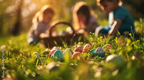 Easter hunt holiday celebration lifestyle, children enjoy eggs hunting looking for hidden colorful decorated eggs sitting against sunlight in spring field in wild meadow park, kids outdoor activities photo