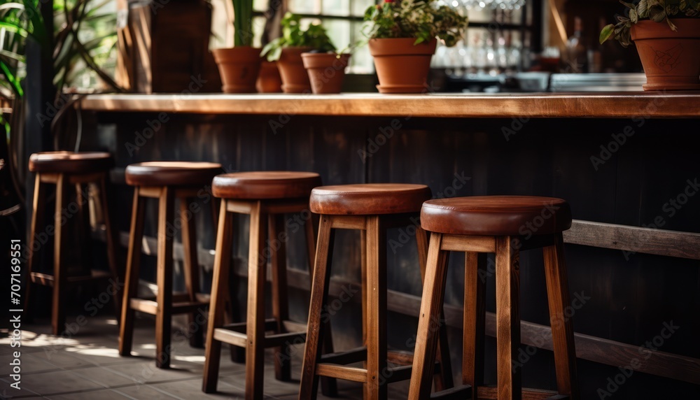 Wooden Stools Next to Bar, Seating Arrangement for Guests
